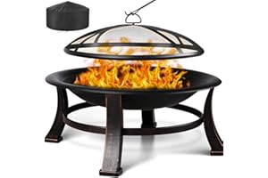 TLGREEN Feuerkorb mit funkenschutz, Φ76cm Feuerschale mit grillrost, Retro-Look Feuerstelle, Feuerschalen für den Garten, BBQ Feuerschale Grill, Stabil und Funktional, Schwarz, Groß