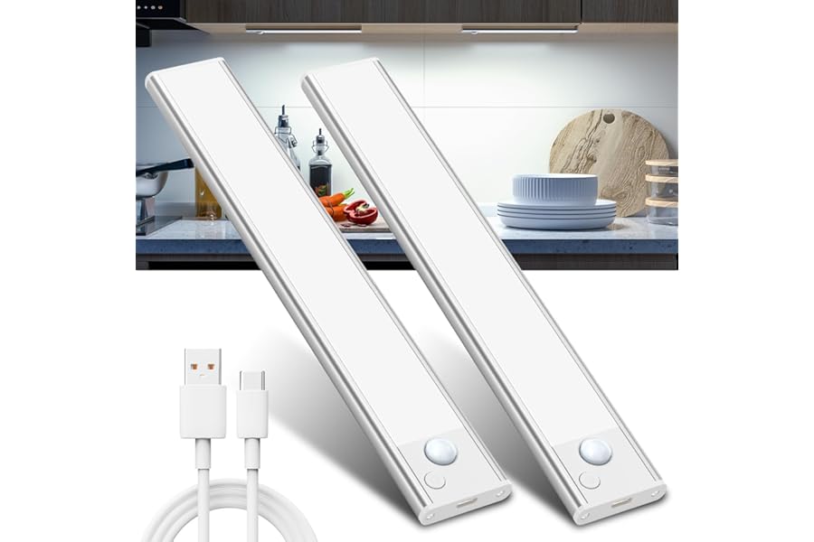 Under Cabinet Kitchen Lights Cupboard - LED Motion Sensor Light Indoor - 1100mAh Rechargeable Battery Operated - Wardrobe Strip Lighting Magnetic Stick Wireless USB Powered Shelf Stairs Counter Closet