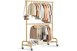 MISSLO Gold Clothing Racks for Hanging Clothes Heavy Duty Clothes Rack Double Garment Rack Metal Rolling Coat Rack Closet Wardrobe Rack on Wheels