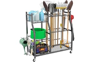 Oasisgalore Garden Tools Organizer Rack, Steel Vertical Outdoor Storage for Rakes,Long-Handled Tools, Brooms & Shovels, Fits Garages/Sheds (Large)