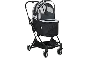 PawHut Hundebuggy 3-in-1, Hundewagen mit 2 Kabinen, Faltbarer Hundetrolley mit Aufbewahrungskorb, Abnehmbarem Gepäckträger, Kinderwagen für kleine Hunde, Oxford, Grau