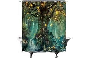 Ulticool Duschdraperi, saga, älvträd, magisk skog, natur, tvättbart, vattentätt, antimögeleffekt, med 12 ringar, gröngult, 18