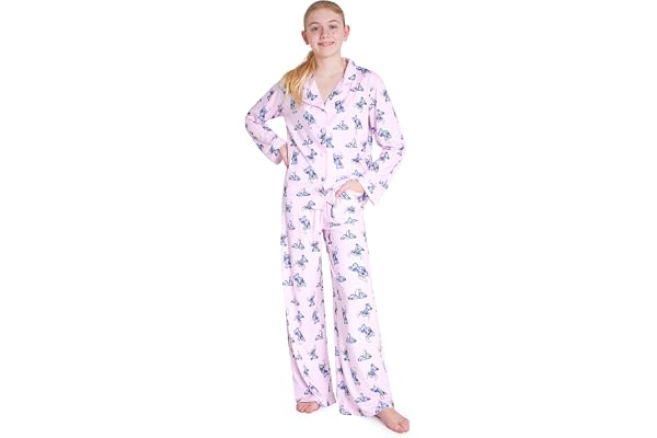 Disney Stitch Pyjamas för flickor, barn, tonåringar, set med 2 delar, långärmad pyjamas, ventilerande loungekläder, myskläder, motiv med Stitch, gåvor, 7–14 år
