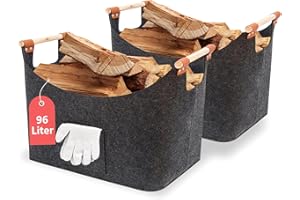 FINEW Lot de 2 paniers à bûches,Panier à bois pour boiss de chauffage 90 l, avec gants, 60 x 40 x 40 cm, grand panier en feutre pour ranger le bois de chauffage, les journaux, les jouets