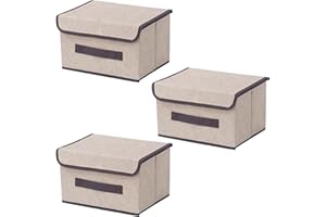 EURXLQ 3 Składane pudełko do przechowywania z pokrywką Składany pojemnik do z lnianej tkaniny z klapką i uchwytami, koc na ubrania do Domu, Szafa (Beż, 26×19×16 cm)