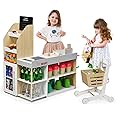 Maxmass Pretend Play Shop, Role Play Supermarket Set with Shopping Trolley, Cash Register, Scanner, Credit Card and Coins, Wooden Grocery Store Toy for Kids Children Toddlers