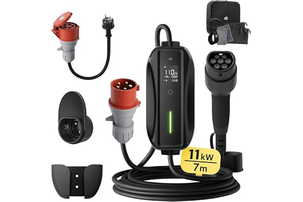 Chargeur Voiture Electrique 11kW 7m, Triphasé, 6-16A, dé Type 2 Prise CEE Chargeur EV Station de Charge Mobile/Wallbox avec Schuko à CEE Adapateur, écran Numérique