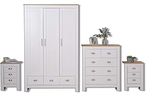 Furnituremaxi Country Style 4-Piece Wardrobe Set Bedroom Furniture Chest of Drawers Bedside Table, White