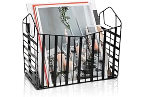 Noamus Metal Magazine Holder, Document File Rack with Handle, Newspaper Book Folder Mail Organizer Bin, Iron Wire Tablet Storage Basket Stand for Home Office Bathroom Bedroom Den Living Room, Black