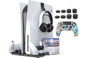 AOLION PS5 Vertikale Standfuß für Playstation5 Digital/Disc Edition, PS5 Standfuß Zubehör kompatibel Dual Controller Ladestation, mit Headset Halter, 12 Game Stores, Daumen Griffkappen und Controller Skin
