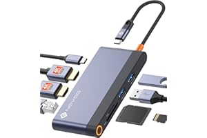 NOVOO 8 en 1 Docking Station, USB C Hub Multiport Adapter with 2 HDMI 4K 60Hz, 1Gbps Ethernet, 100W PD, 2 USB 3.2, SD TF Card Reader, Dual Monitor Laptop Compatible with MacBook/DELL/HP/Lenovo