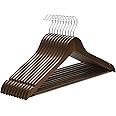 SONGMICS Wooden Hangers, Set of 10, Coat Hangers, Clothes Hangers, with Shoulder Notches, Anti-Slip Trousers Bar, 360° Swivel Hook, for Suits, Shirts, Coats, Dark Walnut and Silver CRW001V01
