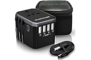 iBlockCube® Universal Travel AC Power Plug Adapter with International Socket | 4 USB 5.6A + 1 Type-C 3.0A Smart Ports Work for US EU AU UK up to 150+ Countries Worldwide Type A G I (Silver)