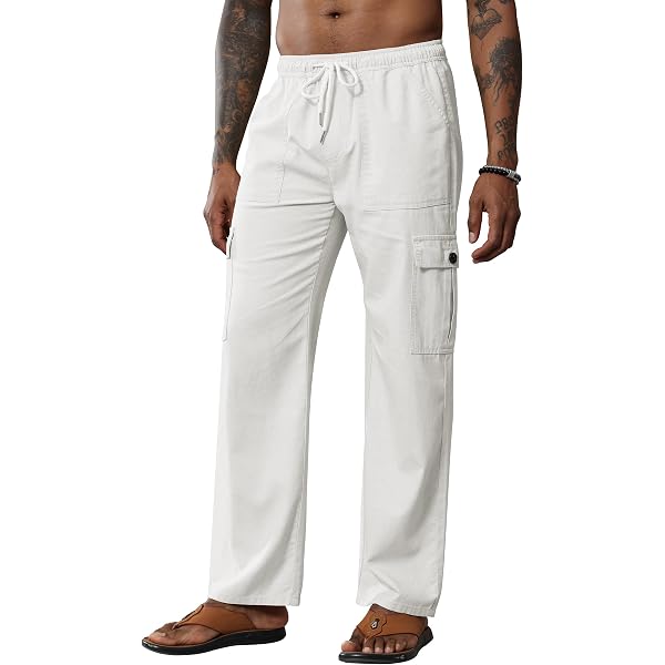 Herren Leinen-Hose Cargo Sommer – Leicht, Weiß, Größe 50