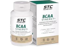 STC NUTRITION - BCAA Synergy+ Leucine, Isoleucine, Valine, Glutamine, Vitamines B2, B6 & B12 - Résistance & récupération musculaire - Limite les courbatures - 120 gélules