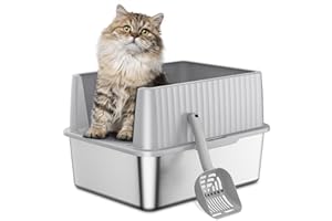Barhon Stainless Steel Cat Litter Tray Small 43 x 33 x 29 CM, Cat Litter Boxes for Kittens, Metal Kitty Litter Tray Litter Box with High Sides, Easy to Clean, Non Sticky Bottom, Odor-Free, Light Grey
