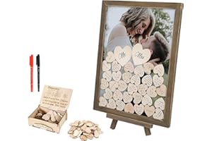 IGTOPS Libro de visitas de madera para boda, con marco de fotos, 100 corazones de madera para escribir y 2 rotuladores, libro de invitados para bodas, cumpleaños y baby shower
