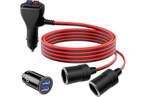 Hoembpn 1M 12V Cigarette Lighter Socket Extension Lead Adapter 2 Way Splitter with Dual Independent Switches and 15A Fuse Double Car Lighter Adapter Power Cable 15AWG,12V/24V Dual USB Car Charger