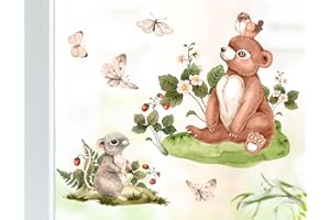 wolga-kreativ Fenstersticker Fensterdeko Fensterbilder Motiv Fensterfolie Glasdeko Waldtiere Bär Maus Aufkleber Fenster Kinder wiederverwendbar selbstklebend selbsthaftend Kinderzimmer