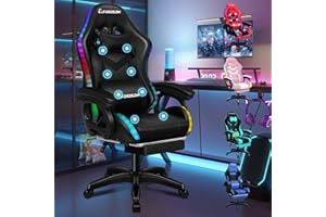 ELFORDSON LED Gaming Chair with 8-Point Massage, Home Office Chairs with Head Pillow Lumbar Support, Video Game Chairs with Armrests Footrest, PU Leather, Black