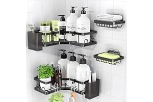 PKBD Mensola Doccia Senza Foratura 4 Pezzi,Accessori Bagno senza Forare, Gancio e Dentifricio Sedile, Bagno o Cucina,Anti ruggine Acciaio Inox Aspirazione Accessori Bagno,Nero