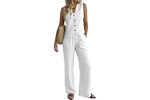 Fakanhui Ensemble 2 pièces en lin pour femme - Gilet d'été - Jambes larges - Pantalon d'affaires, loisirs, vacances, ensembles de travail
