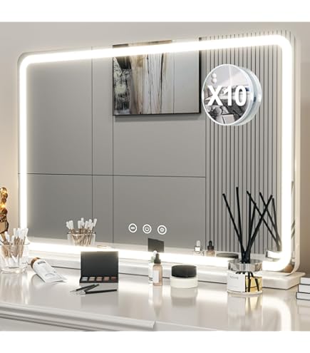 Clevich Make-upspiegel met verlichting, 80 x 60 cm, aanraakschakelaar, dimbaar, 3 modi, met USB en 10x vergroting, voor slaapkamer, badkamer, hal, woonkamer, gastentoilet (wit, 80 x 60 cm Clevich Make-upspiegel met verlichting, 80 x 60 cm, aanraakschakelaar, dimbaar, 3 modi, met USB en 10x vergroting, voor slaapkamer, badkamer, hal, woonkamer, gastentoilet (wit, 80 x 60 cm