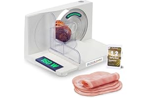 Sommertal Allesschneider AS170 150W Edelstahlmesser mit Wellenschliff, platzsparend klappbar, elektrische Schneidemaschine Brotschneidemaschine, Profi Aufschnittmaschine weiß 0-15mm