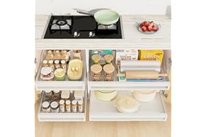 Mointal 2 Paquete Organizador de Armario Extensible, Cajón Deslizante de Cocina Telescópico, Estante Extensible Bajo Fregadero, Sin Tornillos/taladros, Ancho Ajustable, Blanco