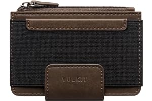 VULKIT Męski portfel na karty kredytowe, wąski, skórzany portfel z blokadą RFID, minimalistyczny portfel na karty z okienkiem na dowód osobisty, zapinana na zamek kieszeń na monety i magnetyczne