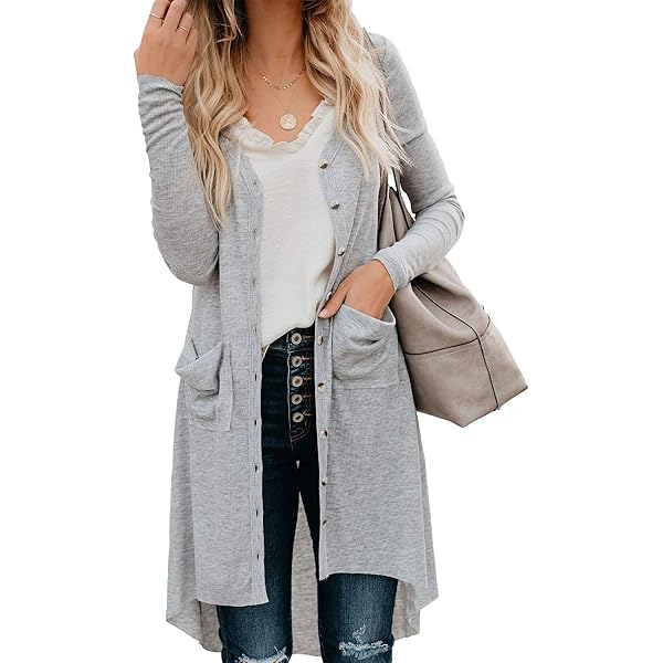 Alaster Queen Women's Open Front Cardigan - Button Down High-Low Hem Knit Sweater With Pockets, Grey, Medium