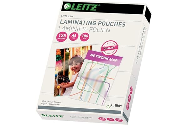 Leitz Film de plastification à chaud, A6, paquet de 100, brillant, transparent, épaisseur de film 125 mic, 33806