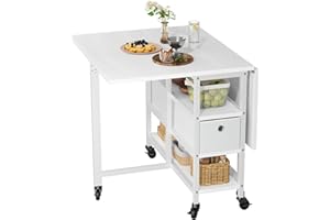 YITAHOME Mesa de Comedor Plegable para 4-6, Mesa Móvil de Hoja Abatible con 6 Ruedas y Cajones de Almacenamiento para Espacios Pequeños, Cocina, Comedor, Blanco