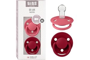 BIBS De Lux Ciuccio confezione da 2 pezzi. Privo di BPA, Tettarella tonda. Silicone, Misura unica, Coral/Ruby