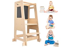 Kids Learning Tower,InLoveArts Kids Kitchen Step Stool Adjustable Standing Learning Tower with Safety Rail Solid Wood Kitchen Helper Stand & Doble-Sided Blackboard for Boys Girls