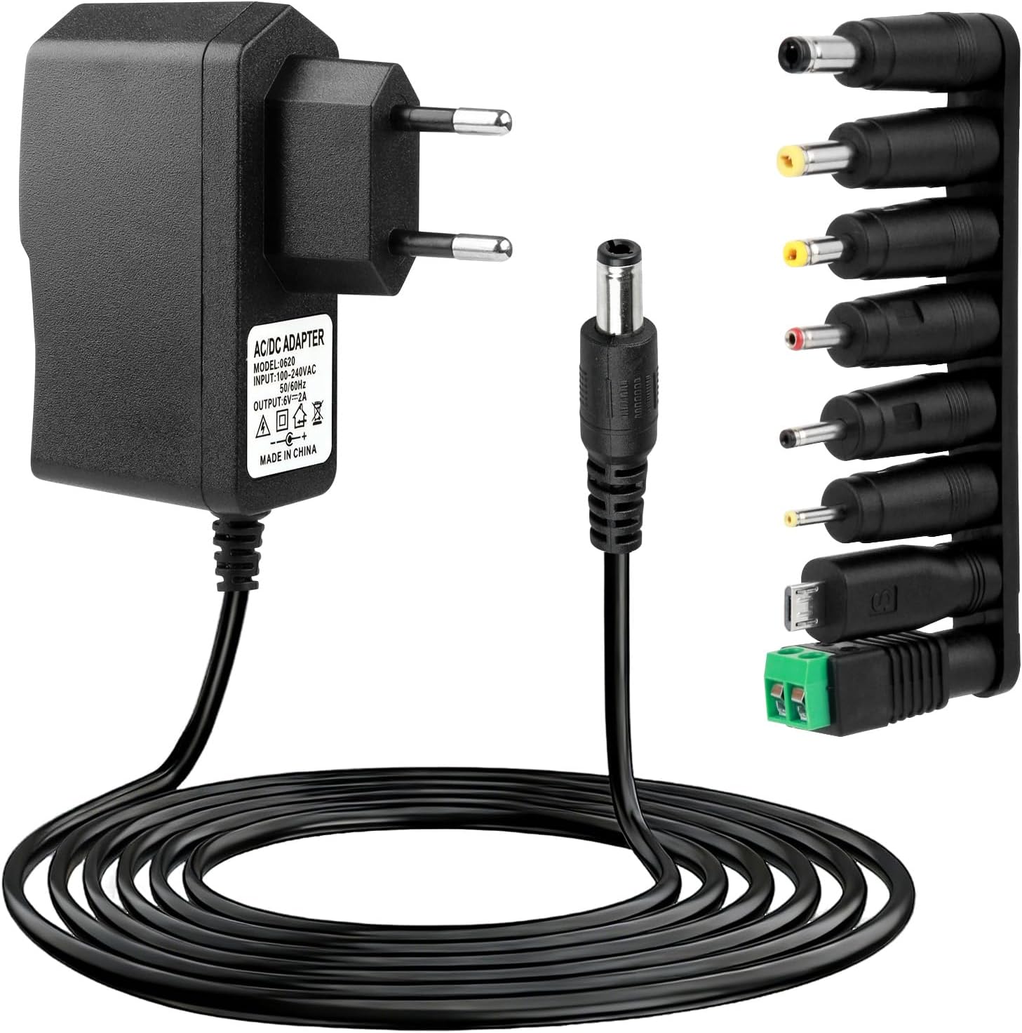 6V 2A Adaptador de Corriente Transformador AC DC con 8 Conectores Fuente Alimentacion Estable Cargador Alimentador 12W para 500mA 1000mA 1500mA 2000mA Tensiómetro LED Cámara CCTV Router Juguete