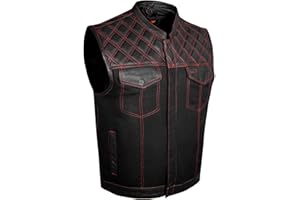 Dream Apparel Men's SOA Denim & Leather Motorcycle Vest for Riding w/ 2 Concealed Carry Pockets, Biker Vest Black Club Vest
