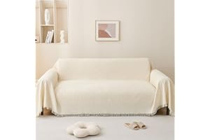 LHGOGO Narzuty na sofy, duża, 2-osobowa, z dekoracyjnymi frędzlami, uniwersalne, tkane, wzorzyste narzuty na kanapy i fotele, 180 x 230 cm, kremowe