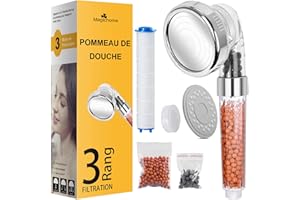 Pommeau de Douche, Magichome Pommeau Douche Anti Calcaire Économiseur d'Eau Haute Pression Filtre à Trois Niveaux Système de Filtrage Ionique avec Filtre Coton PP Remplaçable