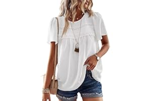TUUHAW Women Tops Summer Round Neck Short Sleeve Shirts Casual Crochet Chiffon Blouses Flowy Lace Hem Boho Clothing Trendy