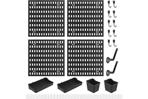 MOUYAT 4 PCS Peg Boards for Walls, Wall Pegboard Organiser Kit with 4 Tiles 30x30cm Pegboards and 18 PCS Accessories, Black Tool Peg Boards for Wall Organizer, Ornaments Display