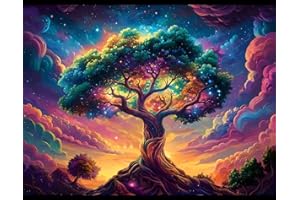 Arsey Schwarzlicht Wandteppich Aesthetic Lebensbaum Wandtuch Psychedelic UV - Reaktiver Wandteppiche Galaxy Himmel Bunt Natur Landschaft Baum Des Lebens Wanddeko Wohnzimmer, 150 X 130 CM