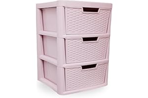 ALEEZ - 3 Drawer Storage Unit Pink - Office Home Space Saving Drawer - Plastic Storage Unit 3 Tier - Strong Rattan Design Drawer, Durable Tower Storage Unit - H 62 x W 39 x D 39 cm