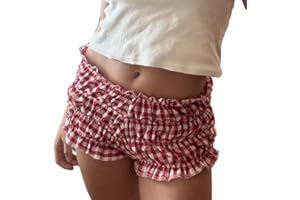 BETRODI Women Y2k Plaid Shorts Ruffled Elastic Waist Bloomer Shorts Low Rise Cute Boy Bottom Kawaii Lounge Shorts
