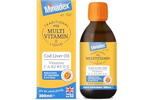 Minadex Multivitamin Liquid with Cod Liver Oil for Adults & Kids, Delicious Orange Flavour, Vitamins C, A, B2, B3, D, E & Omega-3, Boost Energy & Reduces Tiredness, Supports Immunity, 300ml