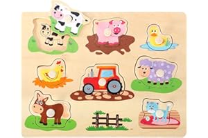 SOKA PLAY IMAGINE LEARN SOKA Wooden Farm Animals Peg Puzzles Toy Educational Montessori Developmental Jigsaw Puzzle Board Colourful Images for Learning Animals for Toddlers Kids Children 12 Months +