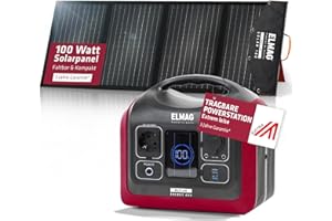 ELMAG Solargenerator-Set ENERGY 600 + SOLAR 100 – 595Wh tragbare Powerstation mit faltbarem 100Wp Solarpanel – Stromspeicher mit LiFePO4 Akku & 230V AC/DC/USB Ausgabe – Für Camping, Outdoor & Notstrom