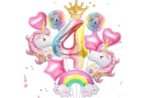 HUAHUANGHUI 12 Stück Rosa Luftballon Einhorn Geburtstagsdeko 4 Jahre Mädchen Runde Folienballon Einhorn Kindergeburtstag Party Deko Mit Krone/Regenbogen/Stern/Herz/Band/Zahl Für Einhorn Thema Festival Party