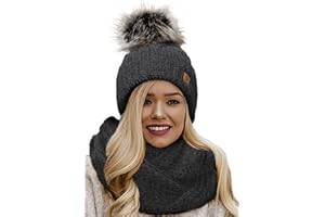 4sold Winter Cappello Set da Donna Taglia Unica di Lana di Mohair e Sciarpa Invernale di Lana Berretto Beanie Fodera in Pile Pompom Artificiale