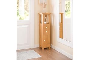 Hallowood Furniture Waverly Oak Open Top Tower Slim Storage Cabinet, Narrow Oak Bathroom Cabinet with 2 Drawers, Cupboard and Shelf, Display Cabinets for Hallway or Small Spaces